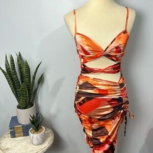 ❄️ PrettyLittleThing Orange Satin Twisted Cut Out Ruched Midaxi Dress NWT Size 0